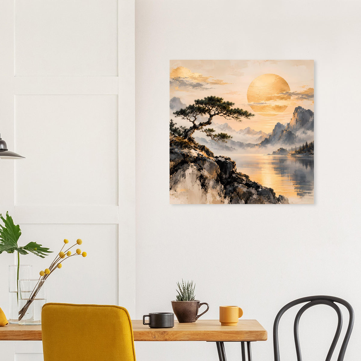 Landschaftsposter mit See, Felsen und Baum zwischen Bergen, goldener Himmel