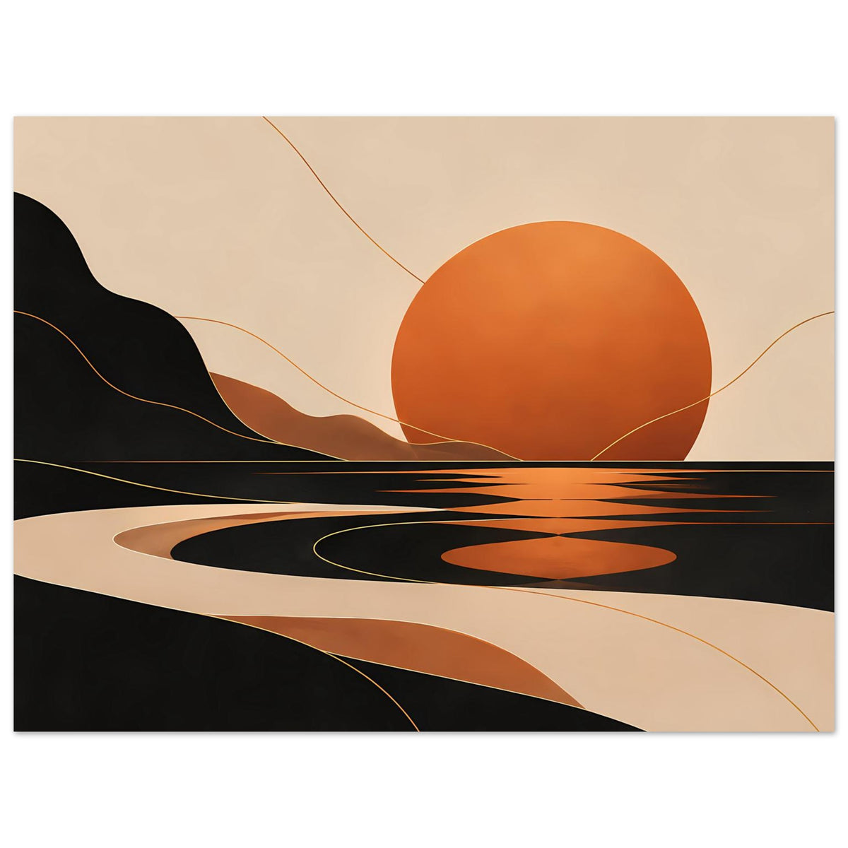 Kunstposter im Querformat mit abstrakter Landschaft: orange Scheibe, schwarze Berge, goldene Akzente