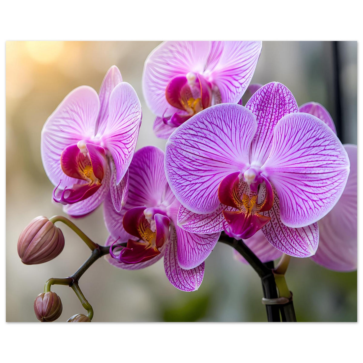 Orchideen-Poster mit violett-rosafarbenen Blüten, Knospen links am grünen Stiel