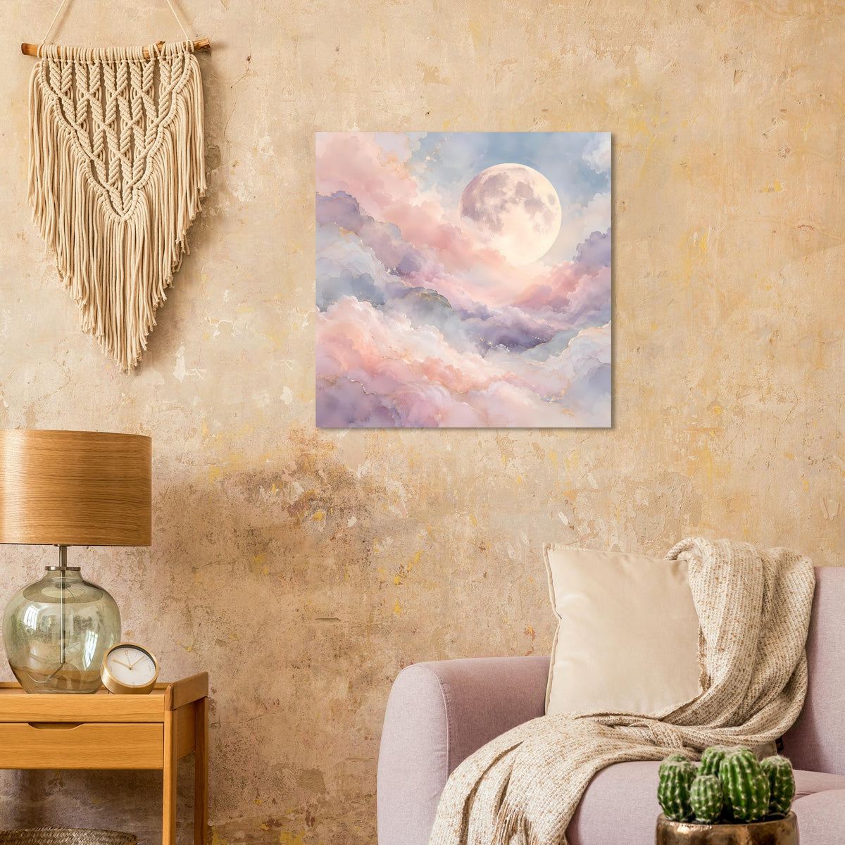 Pastellmond-Wolkenposter, quadratisch, großer Mondschein zwischen sanften Wolken