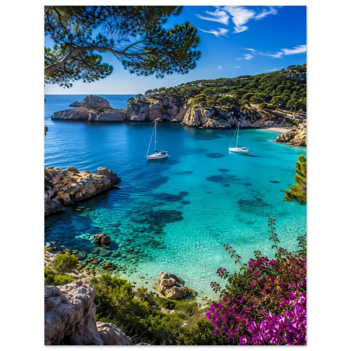 Mediterranes Küstenfoto-Poster mit Blick auf türkisfarbenes Wasser, Segelboote, Bucht und Felsen