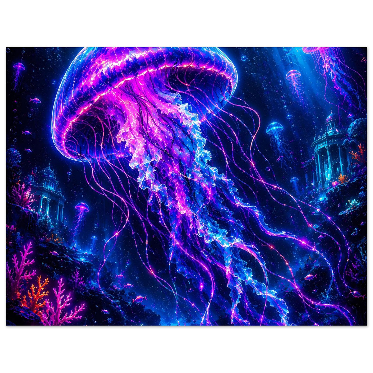 Poster mit leuchtender Qualle im Neon-Meer, violett-blaues Licht, schwebende Tentakel