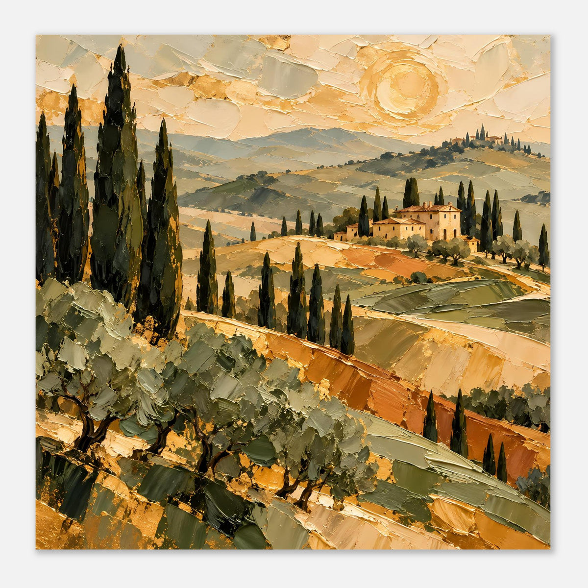Goldtöniges Tuscan-Landschaftsposter: Zypressen am Hang, Landhaus und goldener Himmel