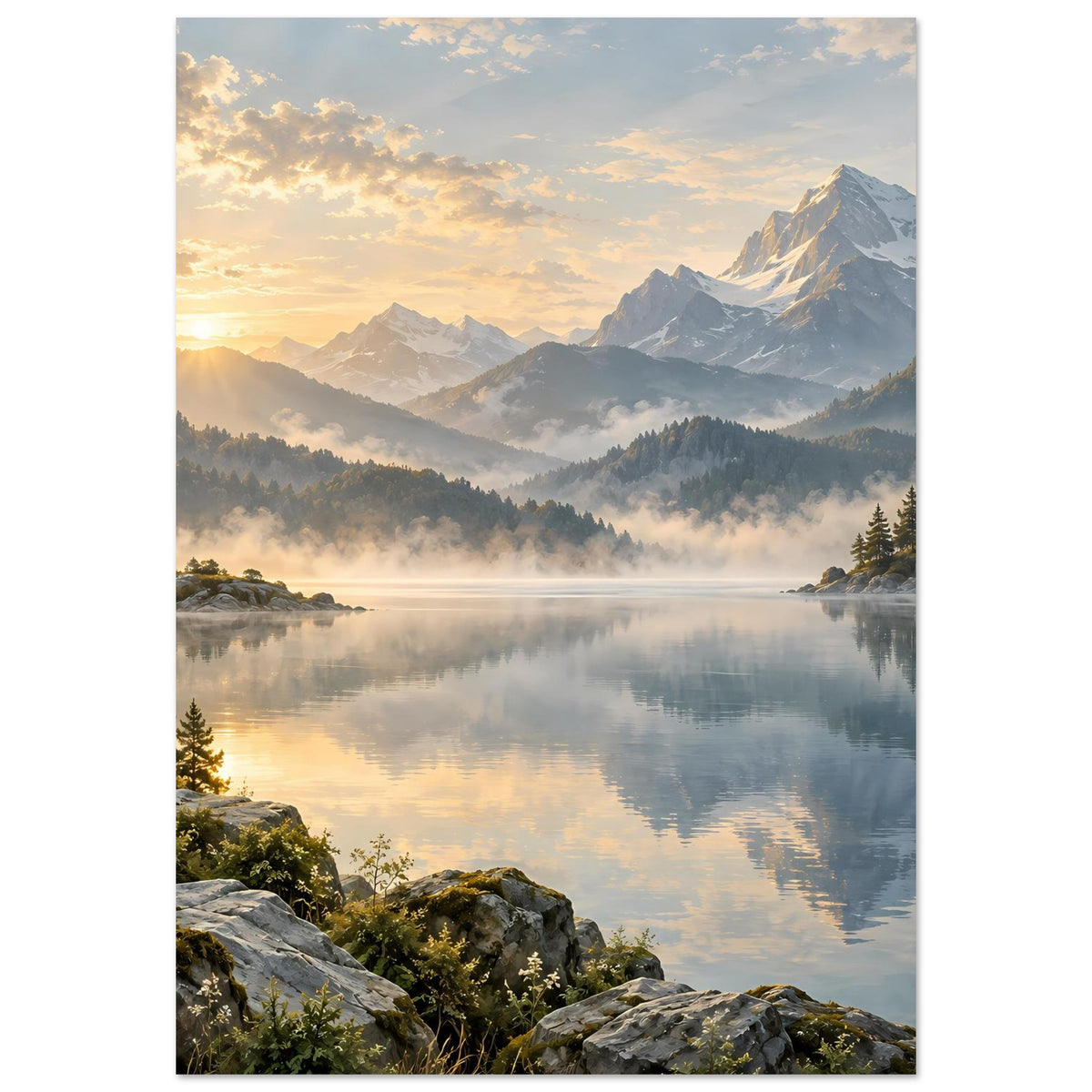 Landschaftsposter im Hochformat: goldener Sonnenaufgang über nebligem Bergsee und Bergen.