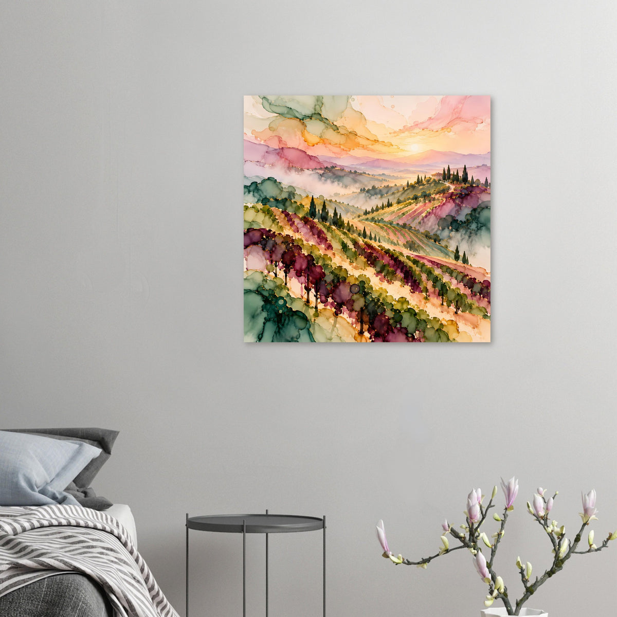 Kleines Landschaftsposter mit Weinberg-Motiv im Querformat, Aquarellfarben und Sonnenuntergang