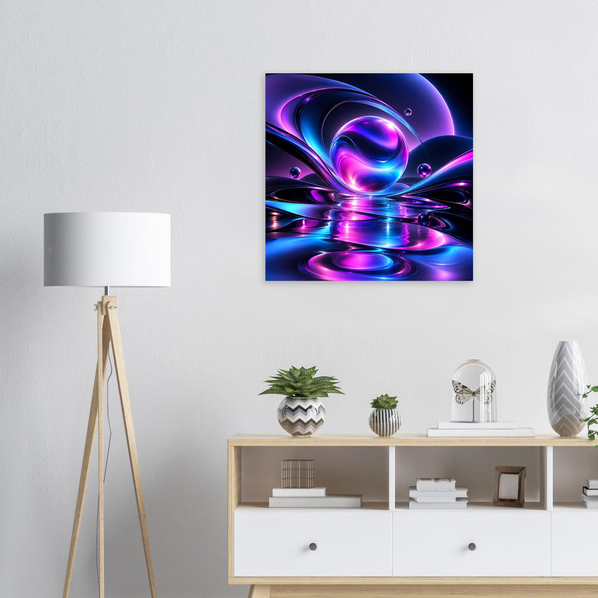 Quadratisches Neonkunst-Poster mit abstrakten Blau-Violett-Lichtwirbeln und tropfenartigen Punkten