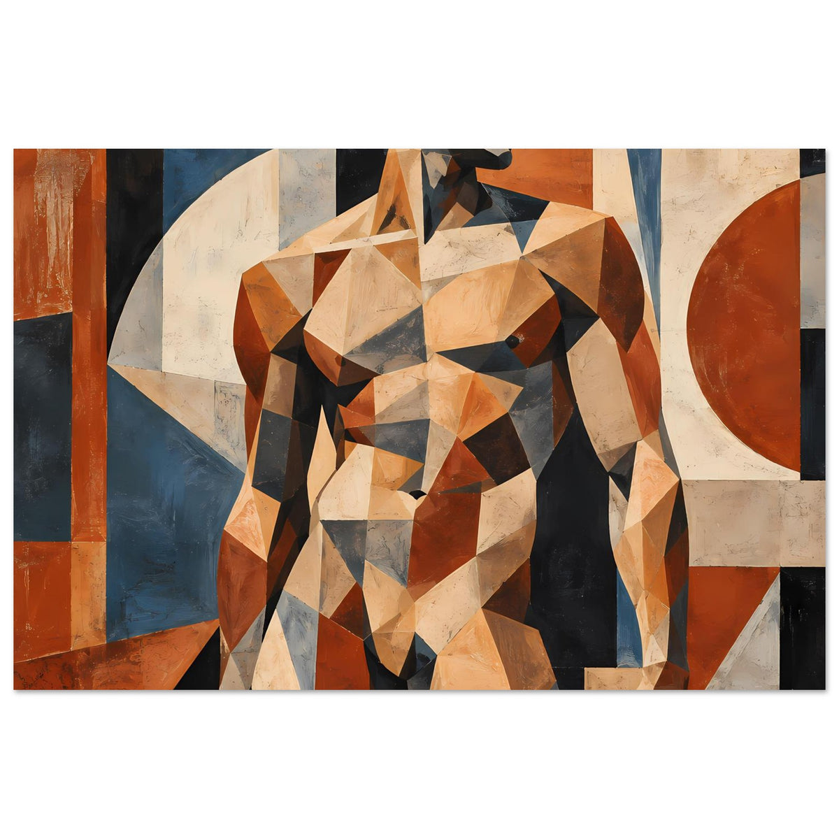 Kunstdruck: geometrische Männer-Aktfigur, warme Braun- und Blautöne mit großen Formen