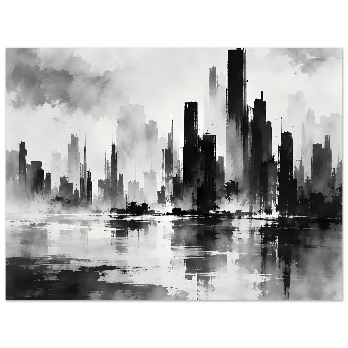 Horizontales Schwarz-Weiß-Stadtposter mit kontrastreicher Skyline und ruhiger Wasserfläche