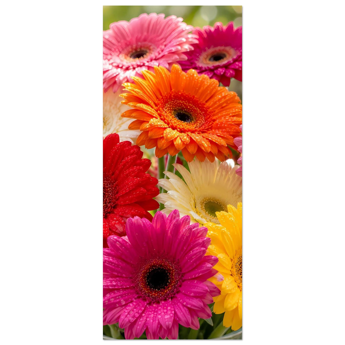 Schmales Gerbera-Blumenposter: Ausschnitt mit orangefarbener, pinker, roter und gelber Blüte