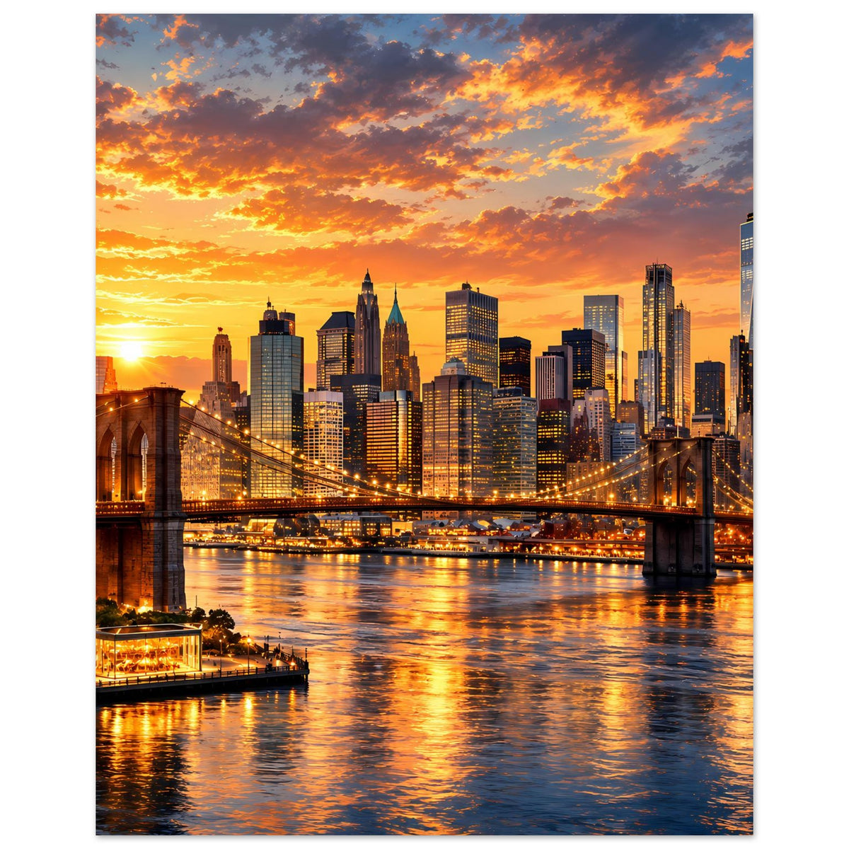 Poster mit Hängebrücke, New-York-Skyline und Sonnenuntergang über dem Fluss