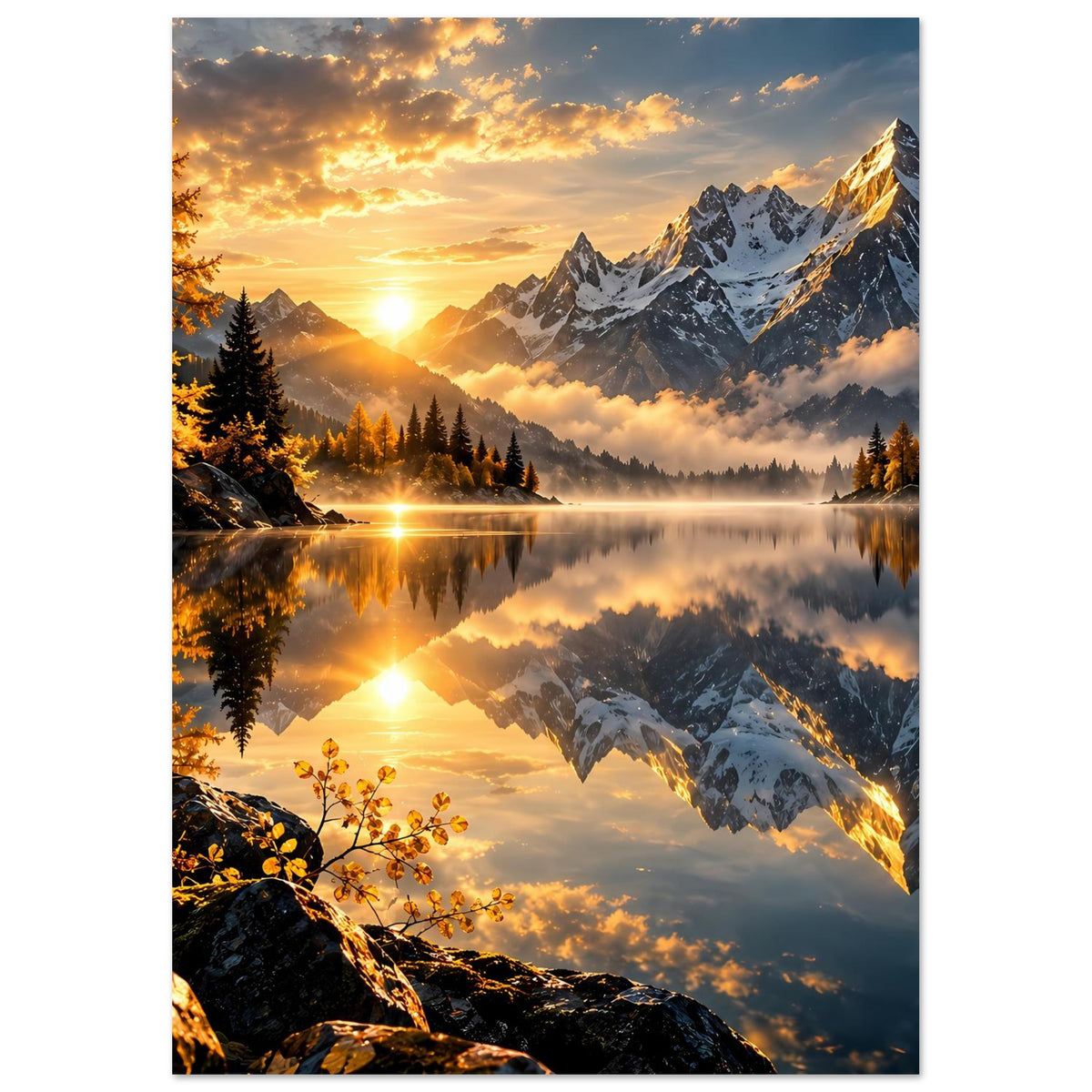 Hochformatposter mit Sonnenaufgang, Felsufer und gespiegelten Alpenbergen