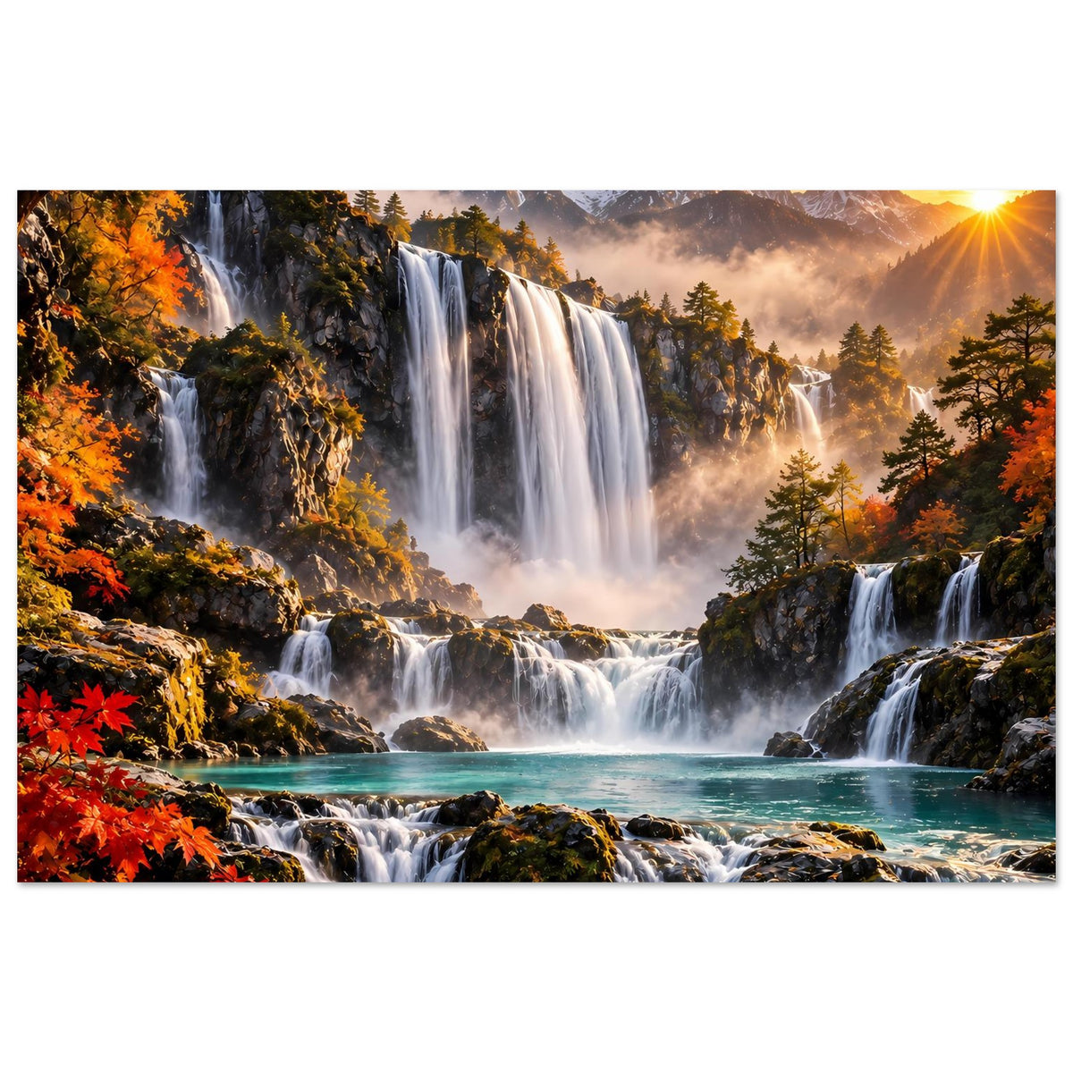 Horizontales Poster mit Wasserfällen, Herbstwald, Bergen und tiefstehender Sonne