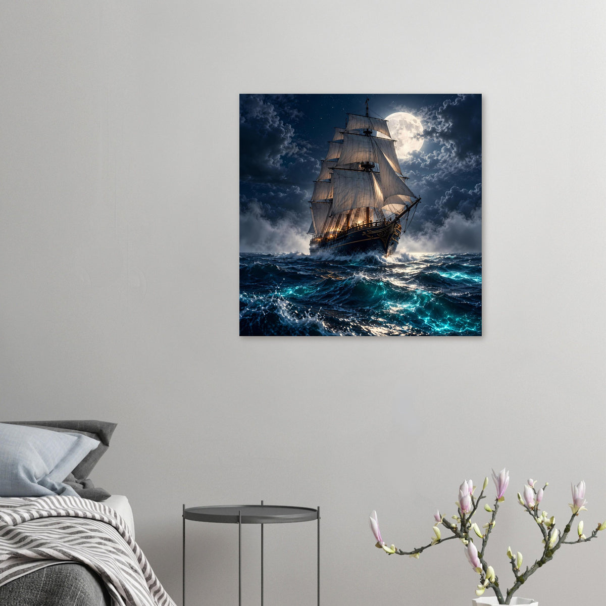 Kleines Segelschiff-Poster: Vollmond über stürmischer See, Segel mit warmem Licht