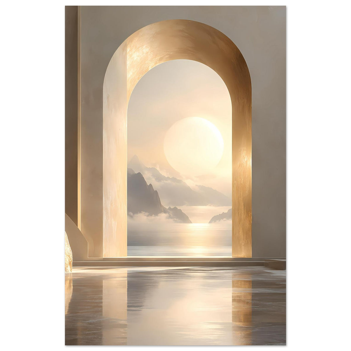 Wandposter zeigt goldenen Torbogen mit Sonnenaufgang über Küste und Bergsilhouetten
