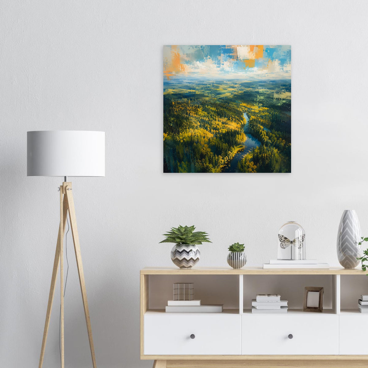Quadratisches Landschafts-Poster: Herbstwald mit Fluss im Tal