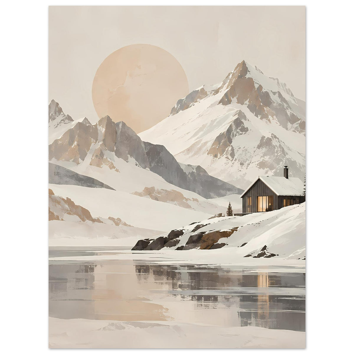 Poster mit Berglandschaft, Schnee, reflektierter See und Holzhütte, Mond über Gipfeln