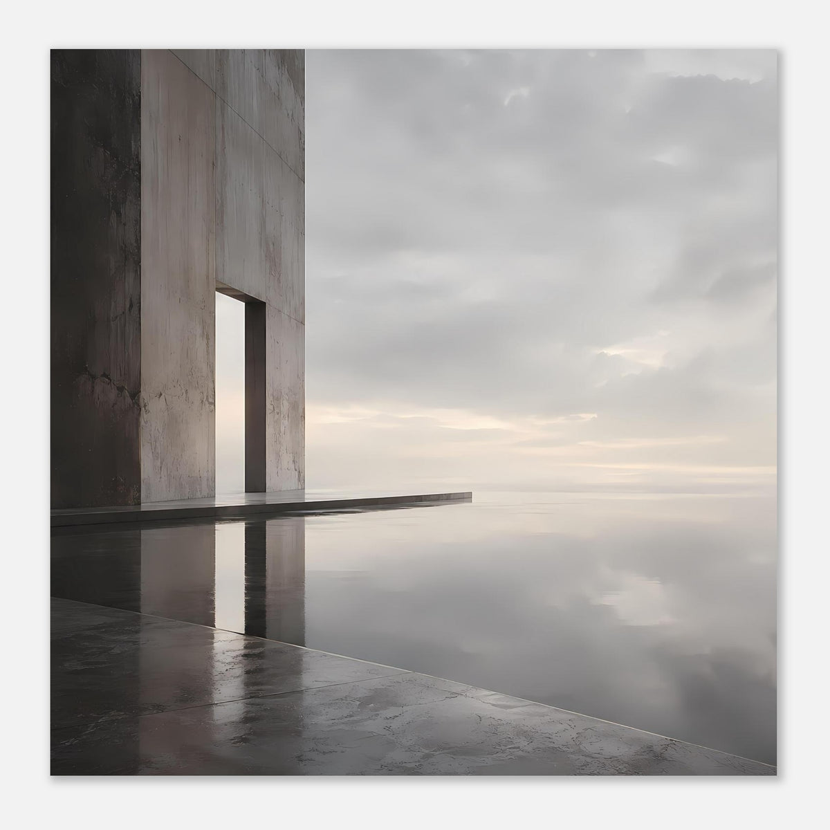 Horizontales Poster mit Betonbau und ruhiger Wasserreflexion, minimaler Stil