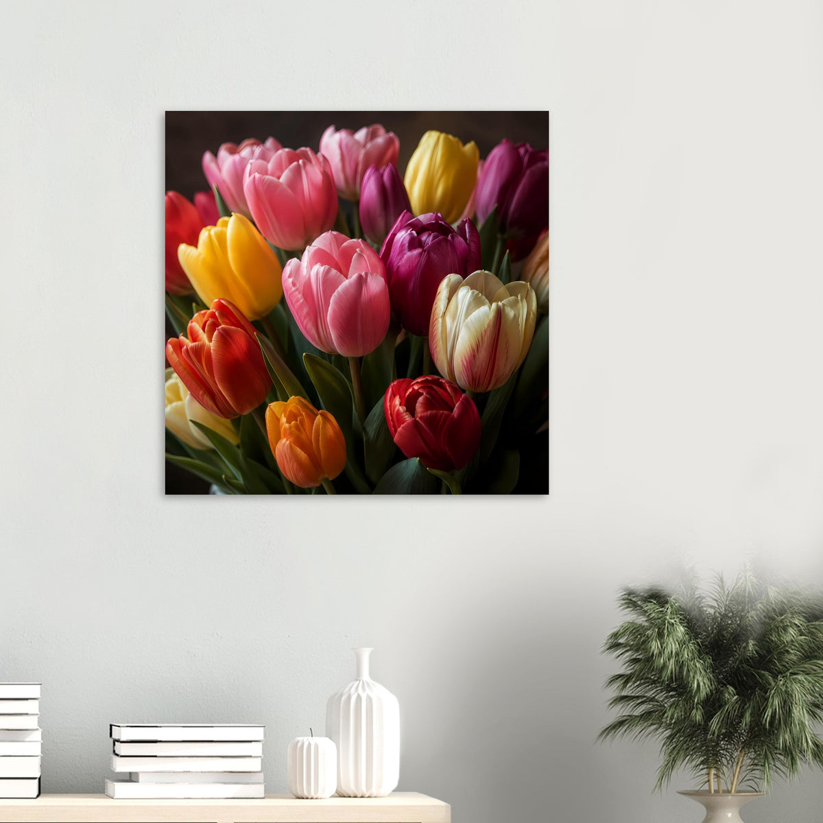 Kleines Tulpenstrauß-Poster im Hochformat mit pinken, gelben, roten und cremefarbenen Tulpen