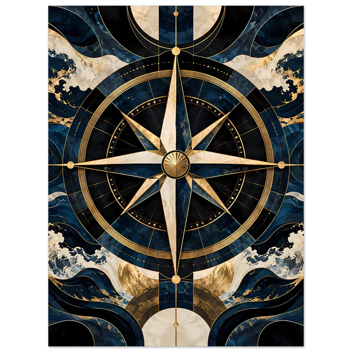 Vertikales Poster mit Kompassrose, goldenen Kreisen und blauem Wellenband