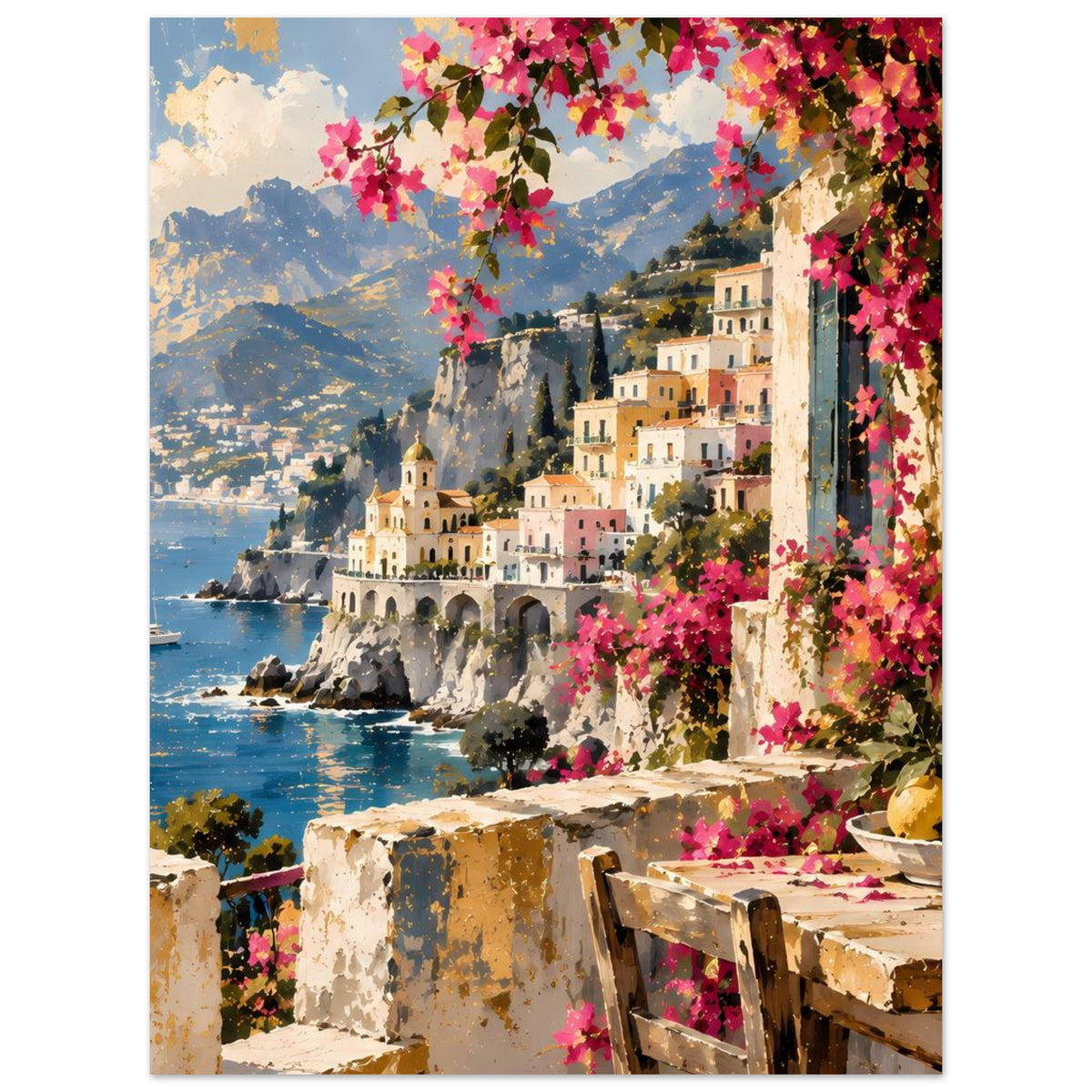 Poster mit Mittelmeer-Küstenblick: blaue Bucht, Häuser am Hang, Pinkblüten und Terrasse