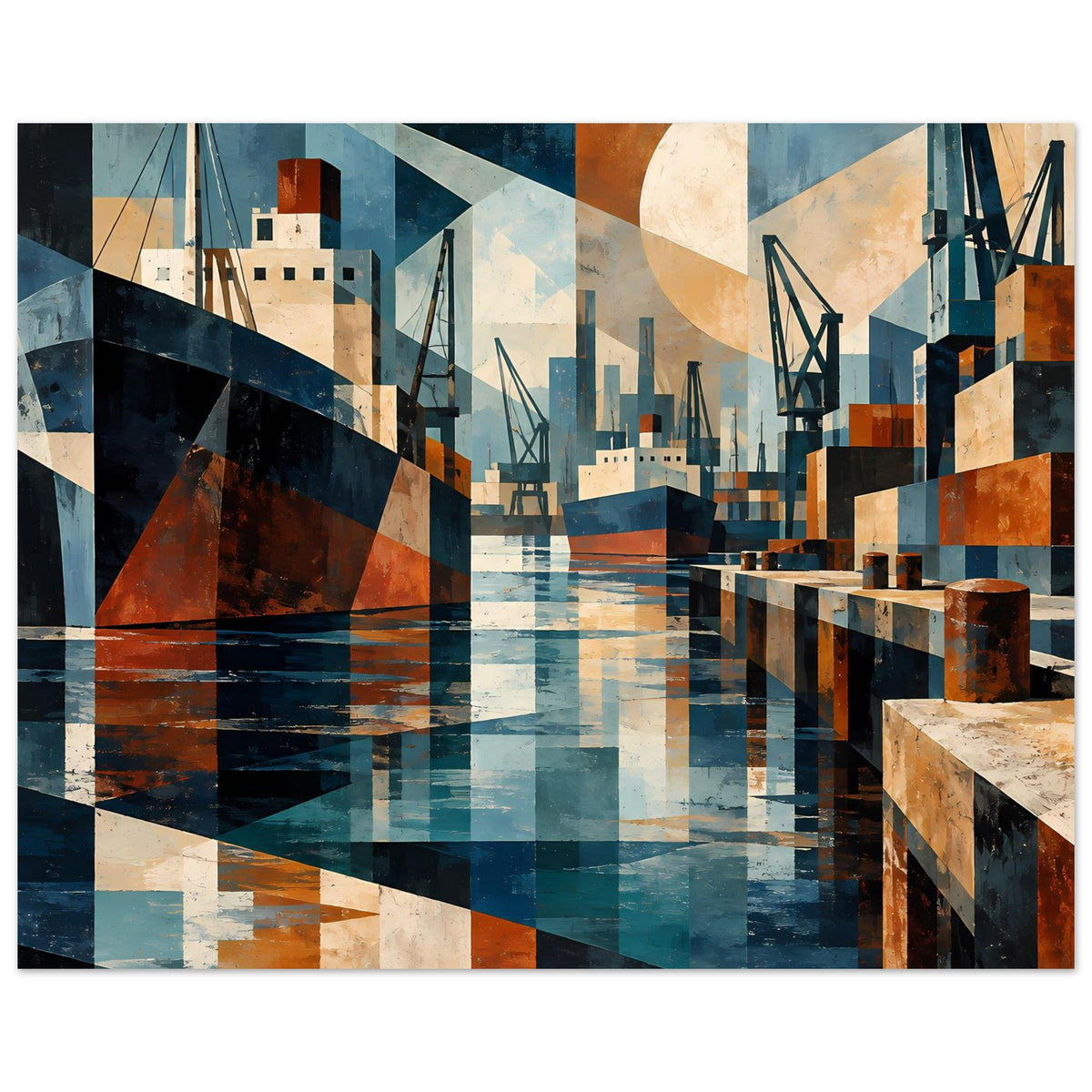 Hafen-Poster mit abstrakten Schiffen und Kränen, blau-erdige Farbfelder, rechteckig