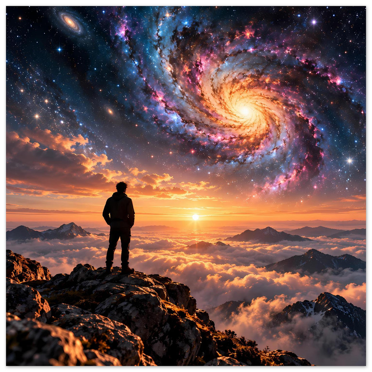 Poster mit Spiralgalaxie, Sonnenuntergang und Bergkette; Silhouette einer stehenden Person