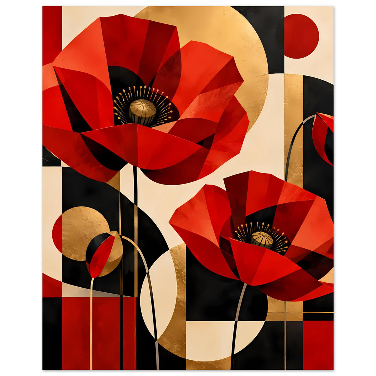 Kunstposter mit abstrakten roten Mohnblumen, goldfarbene Kreise, schwarz-rote Flächen.