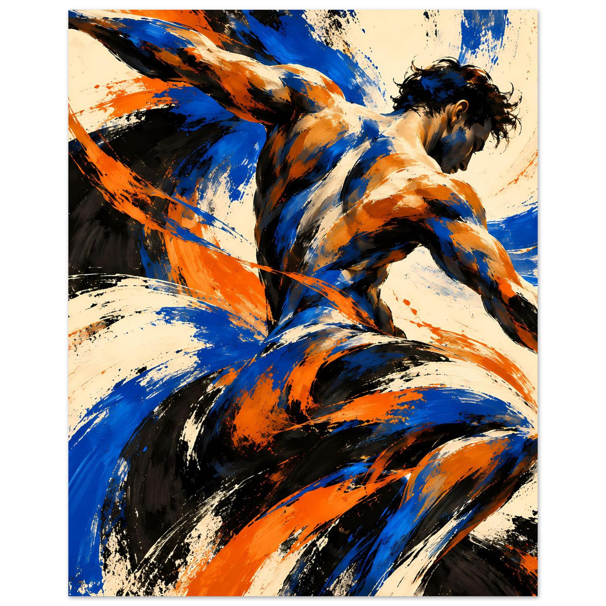 Abstraktes Kunstposter mit dynamischer Person im Vordergrund, Blau-Orange-Schwarz Swirls