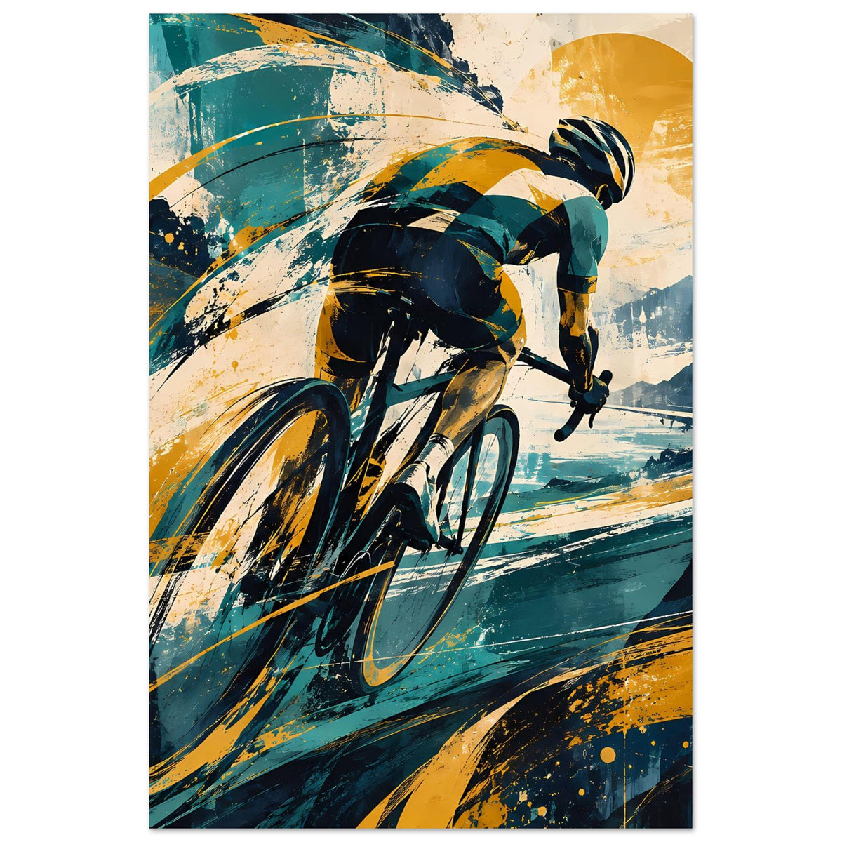Sportposter im Hochformat mit Radfahrer, abstrakte Pinseloptik, Blau und Gelb