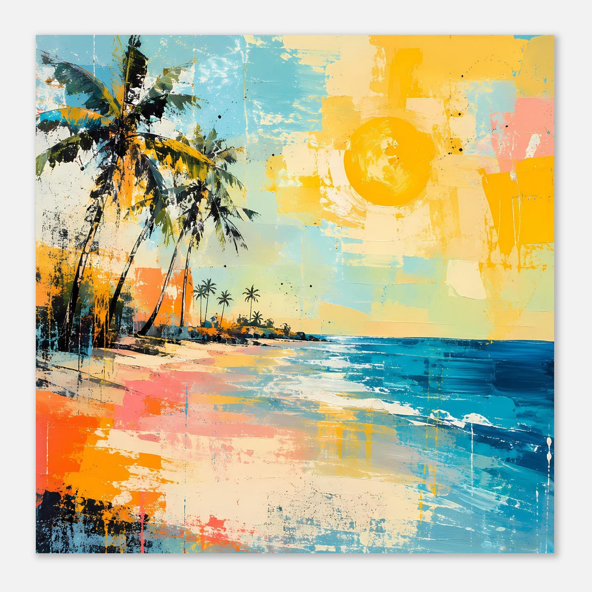 Tropisches Strand-Poster im Querformat mit Palmen, gelber Sonne und blauem Meer, farbige Pinselstriche
