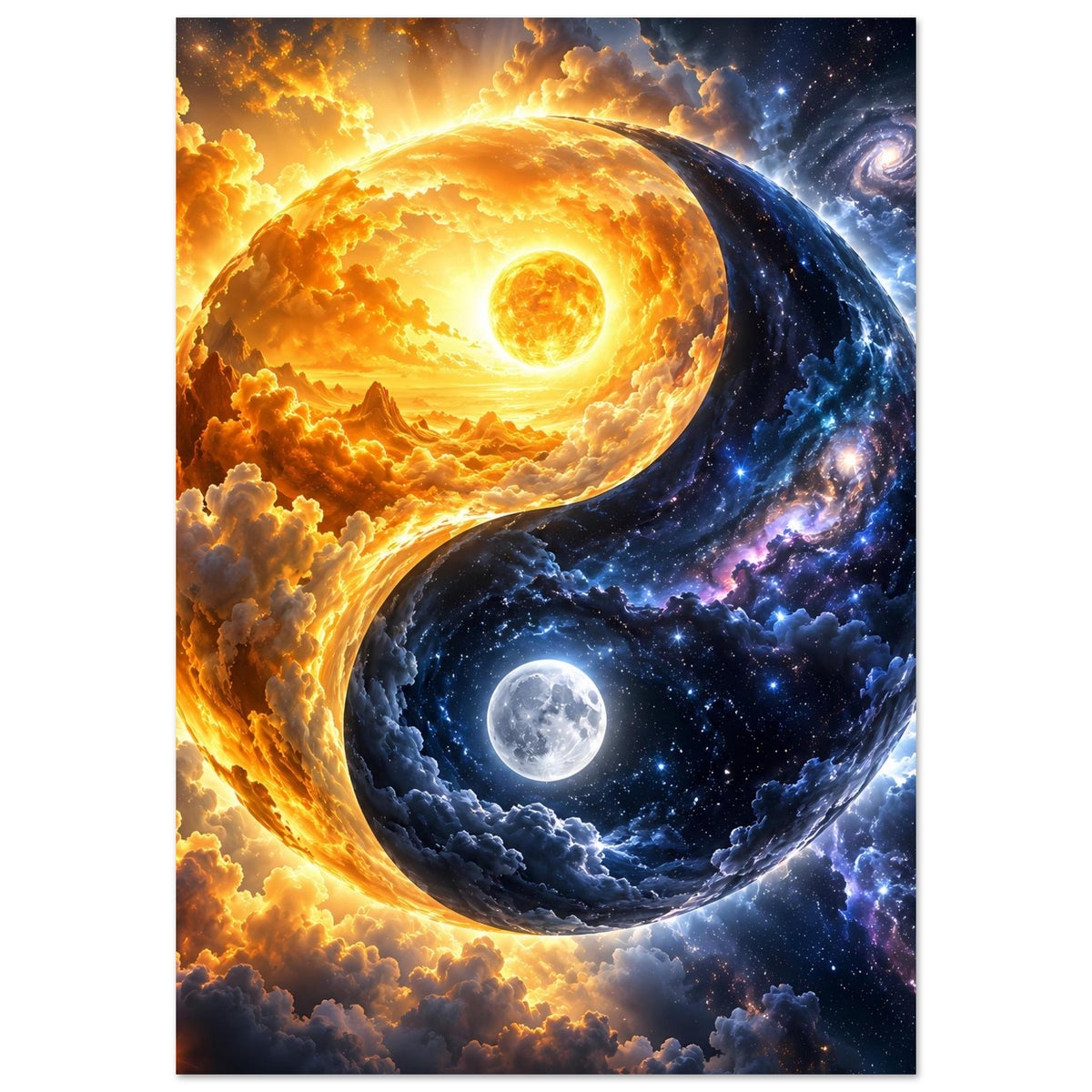 Kosmos-Kunstdruck (Hochformat) mit Yin-Yang: brennende Sonne und Mond in zwei Himmelswelten.