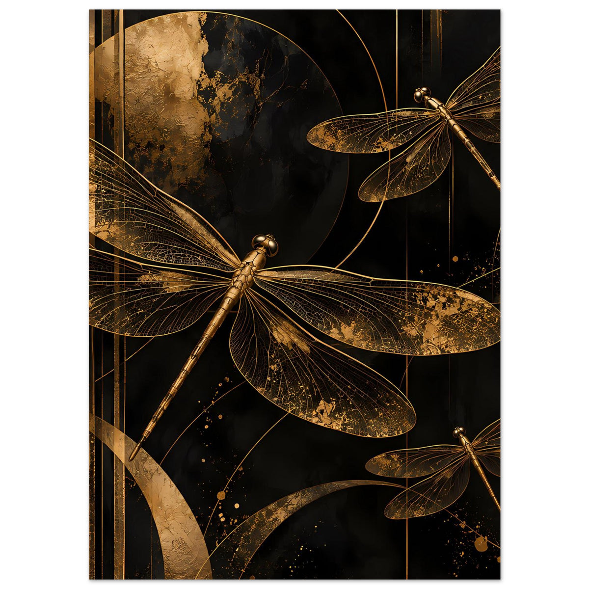 Rechteckiges Poster mit goldener Libelle im Vordergrund und kleiner Libelle rechts unten