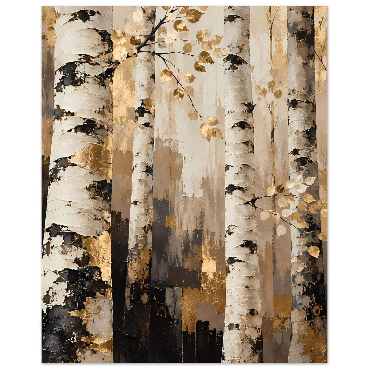 Naturposter mit Birkenstämmen und goldenen Blättern, warmen Erdtönen, hochformatig