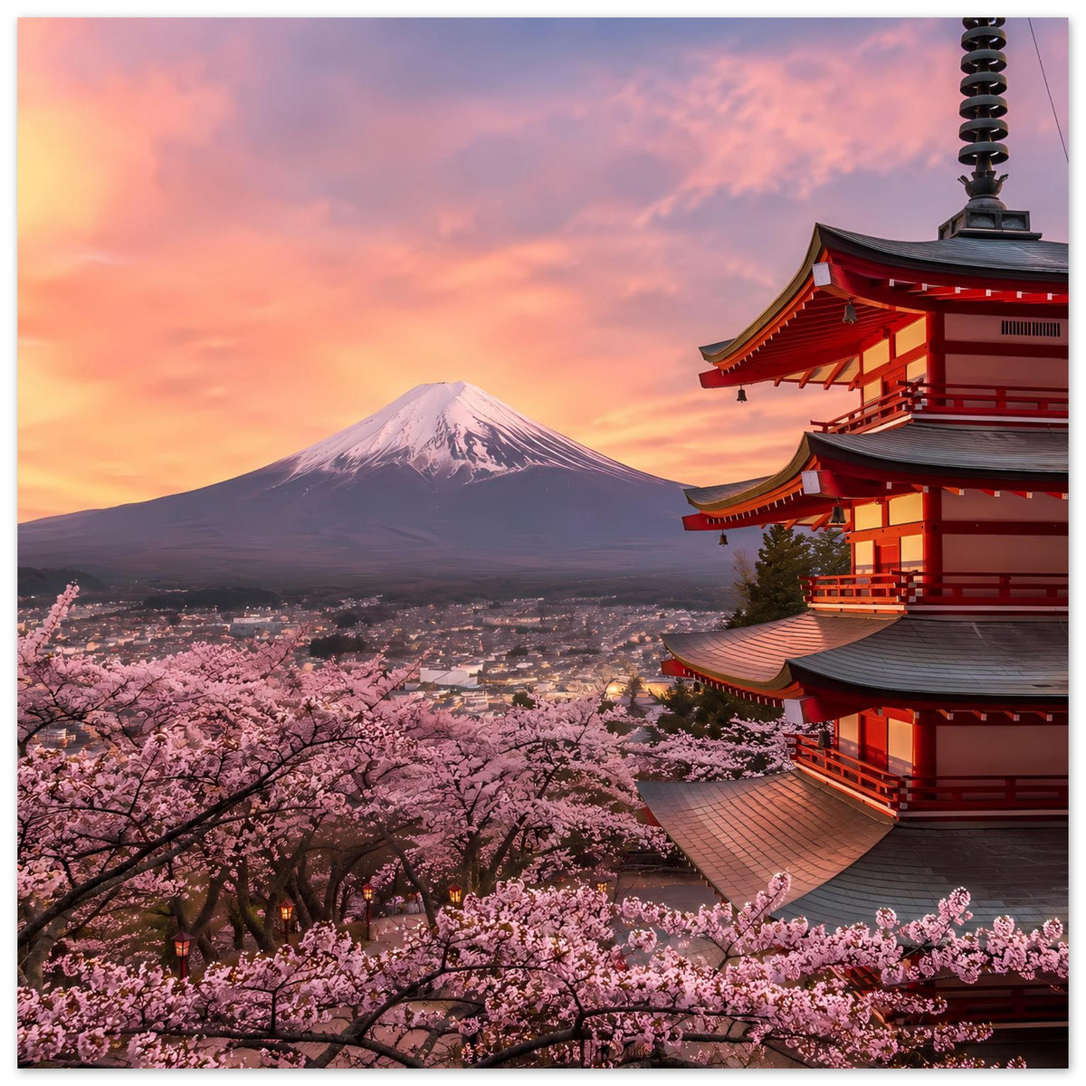Poster mit Fuji-Vulkan, Kirschblüten und roter Pagode auf der rechten Seite