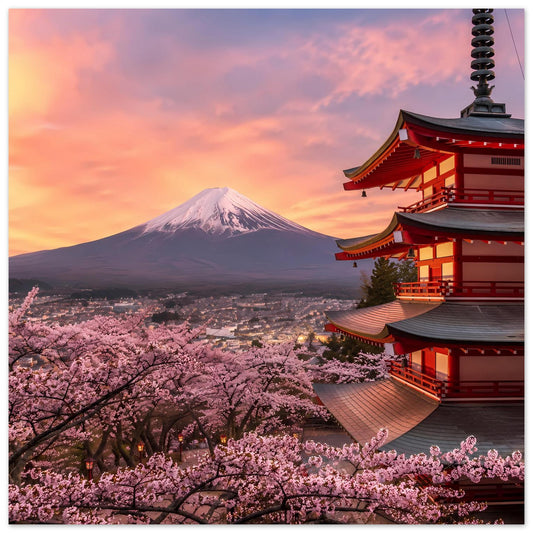 Poster mit Fuji-Vulkan, Kirschblüten und roter Pagode auf der rechten Seite