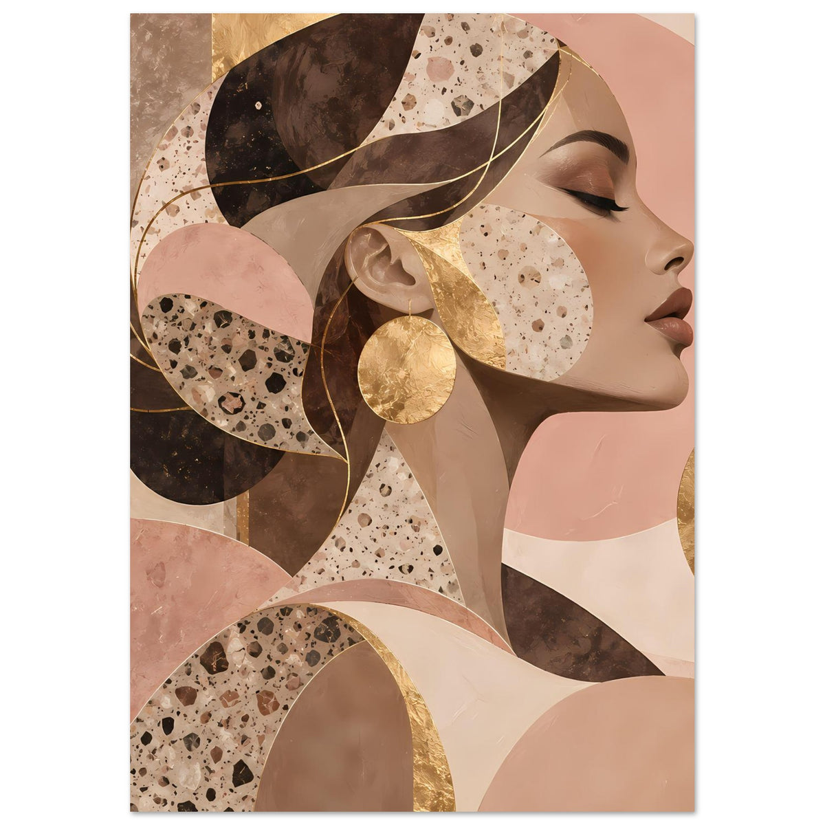 Kunst-Poster mit abstraktem Frauenkopf, beige-rosa Flächen und goldener Kreisform