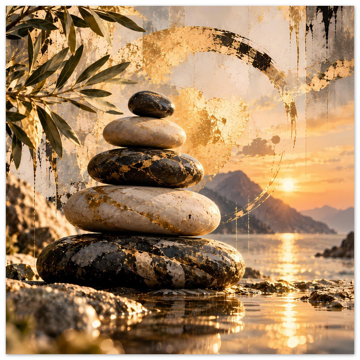 Zen-Poster im Gesamtbild: Steinsäule, goldener Kreisring, Palmblätter und warmes Wasser