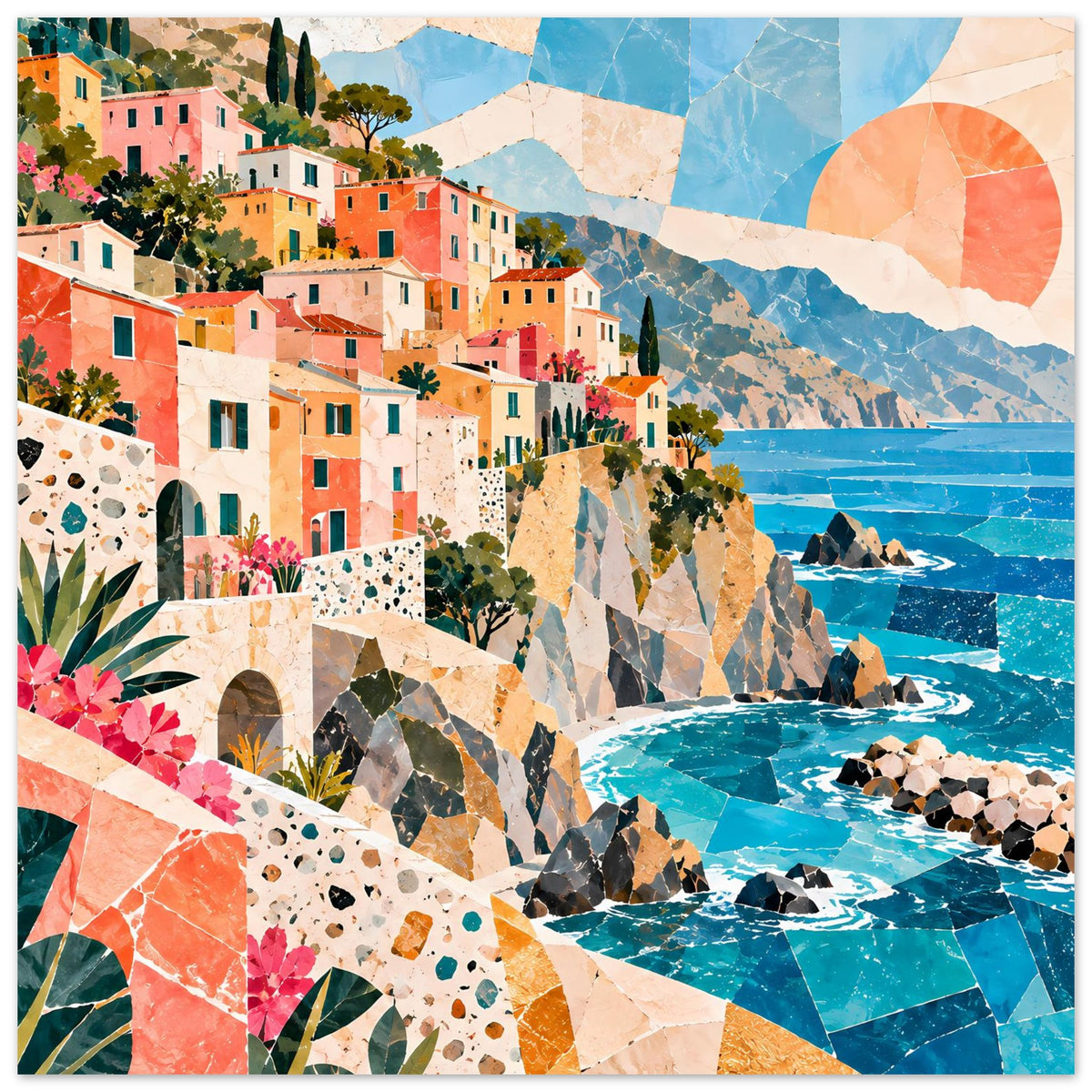 Küstendorf-Poster im Collage-Stil: mediterrane Architektur, Strandpflanzen und Klippen im Meer