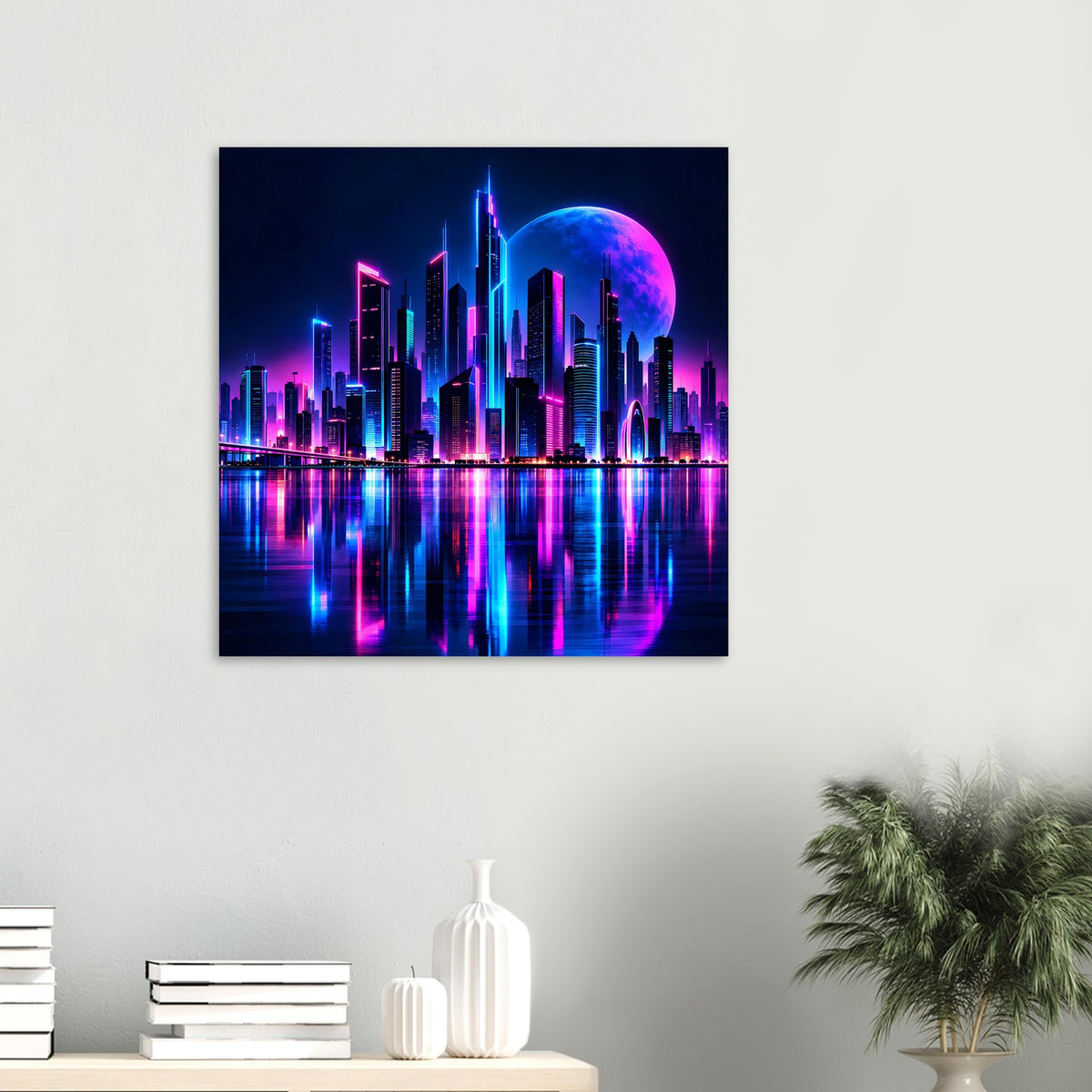 Neon-Stadtpanorama-Poster mit Skyline in Blau und Pink, mit Mond und Spiegelung im Wasser