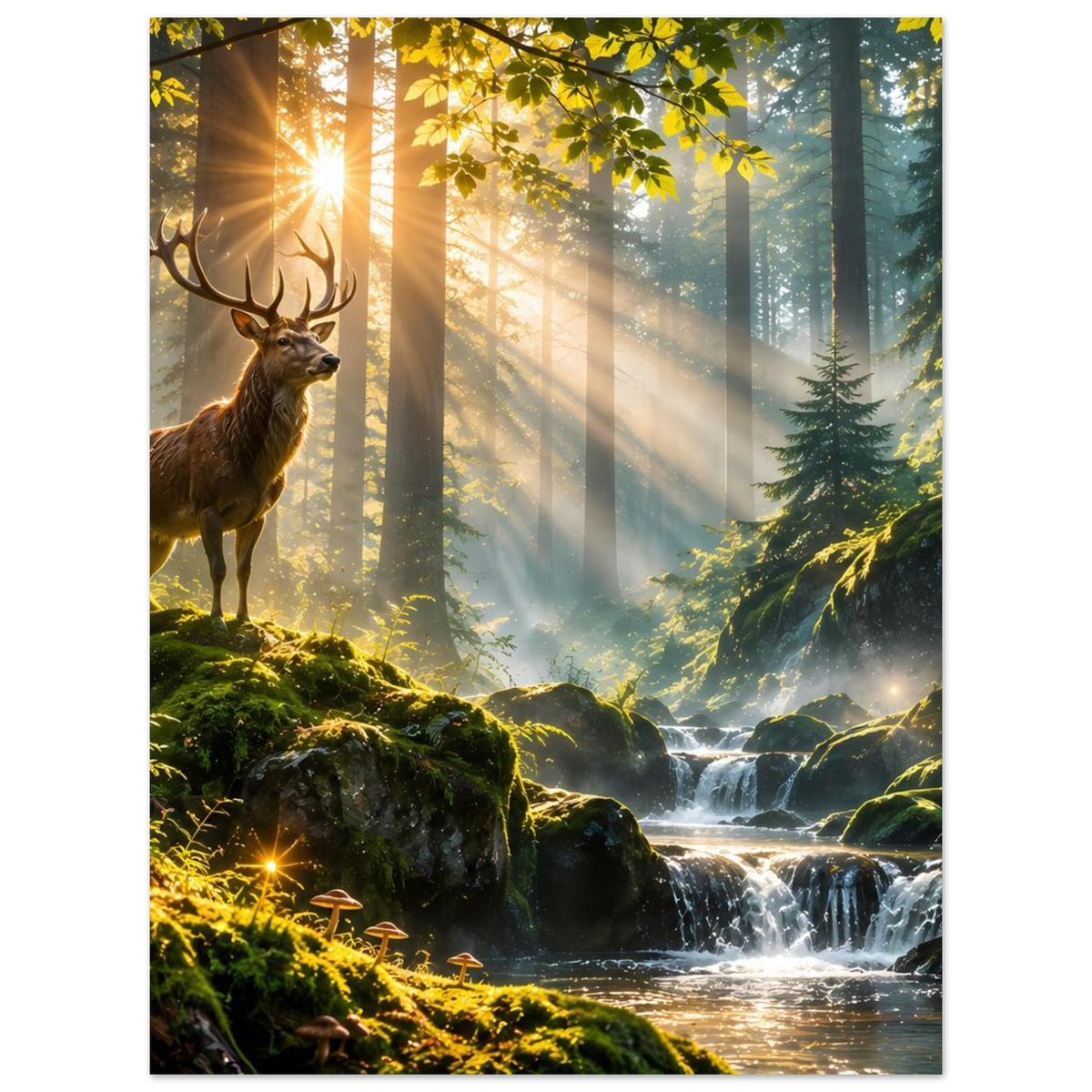Poster mit Hirsch im goldenen Morgenwald, Sonnenstrahlen, Bach und Wasserfall