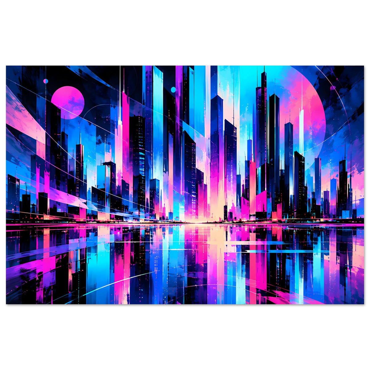 Neon-Stadtbild-Poster: leuchtende Hochhäuser in Blau, Türkis und Pink, horizontal.