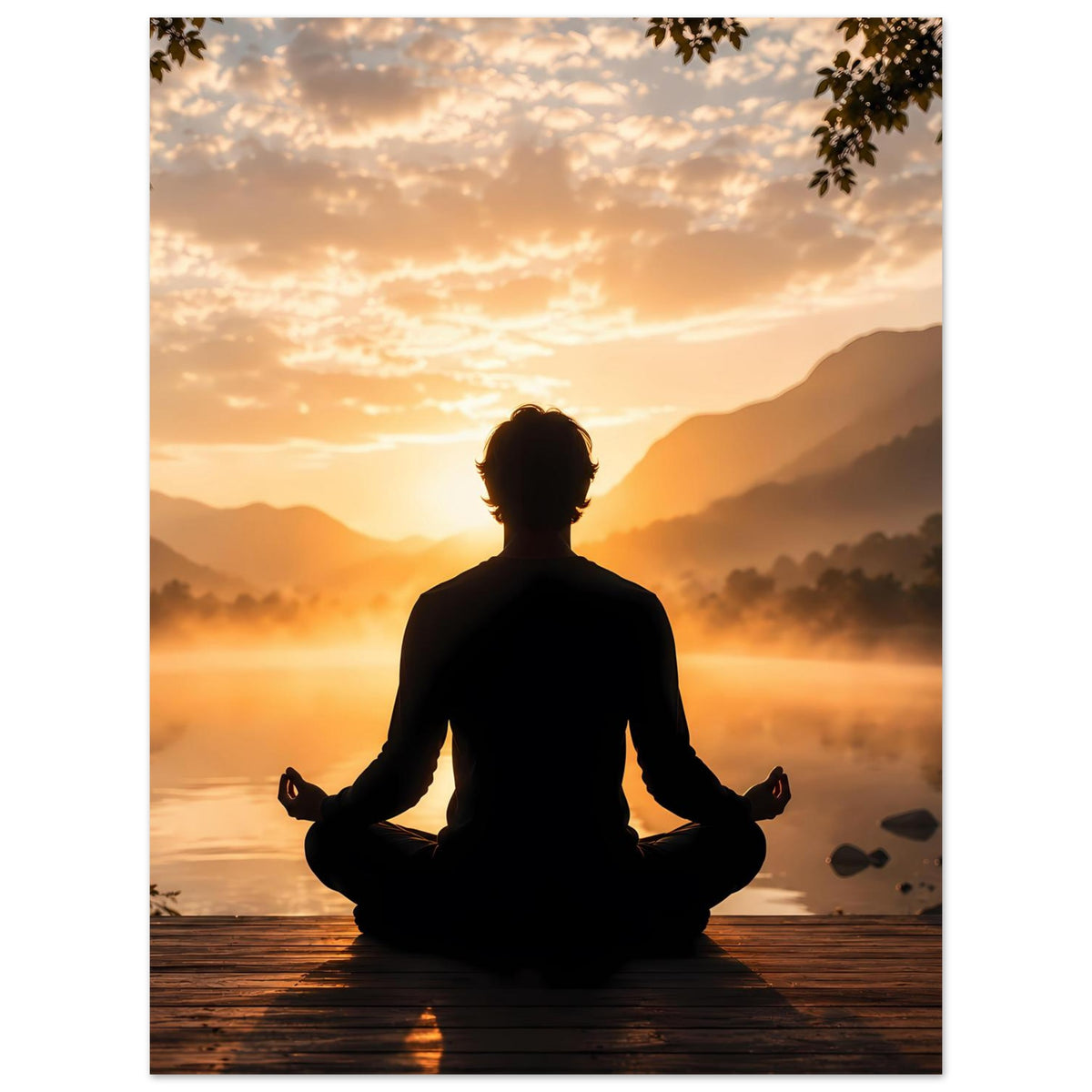 Meditationsposter Hochformat mit Meditierender Silhouette vor warmem Sonnenaufgang