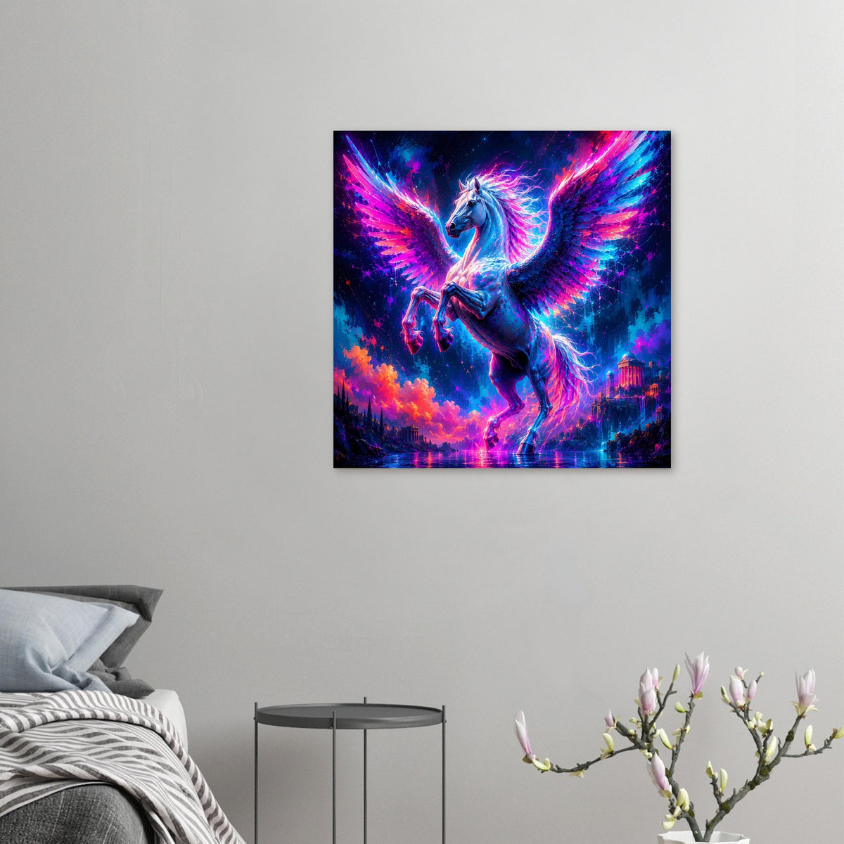 Leuchtendes Pegasus-Poster klein an der Wand: blauer Pegasus mit Neon-Flügeln