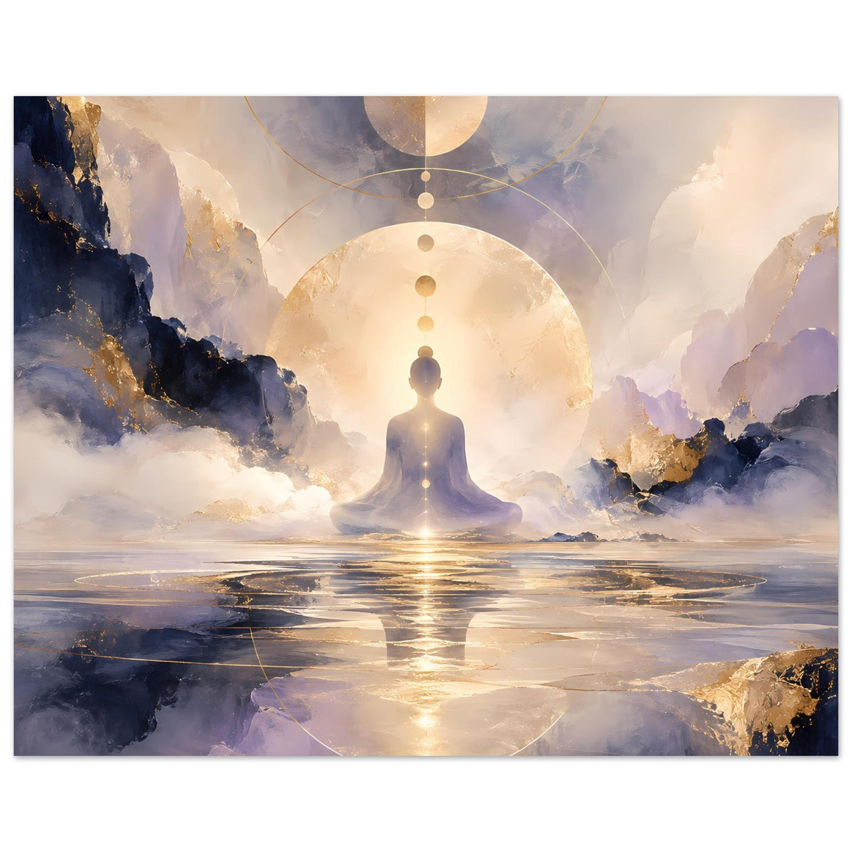 Querformat-Poster: Meditationsfigur, goldene Kreisbahn und leuchtende Himmelskulisse