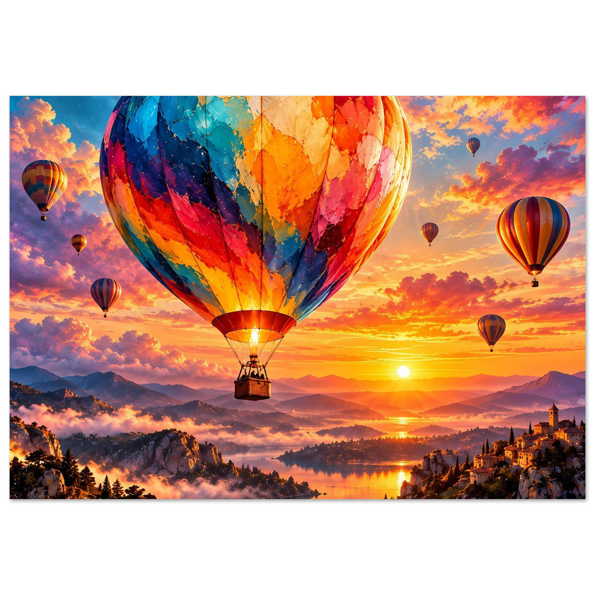 Poster mit großem buntem Heißluftballon und mehreren Ballons am Sonnenuntergang