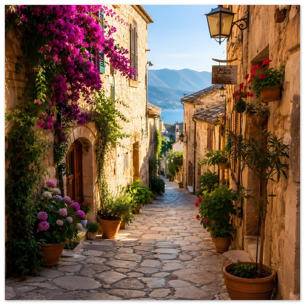 Mediterranes Gassenposter im Hochformat: Kopfsteinpflastergasse zwischen Steinhäusern mit Töpfen.