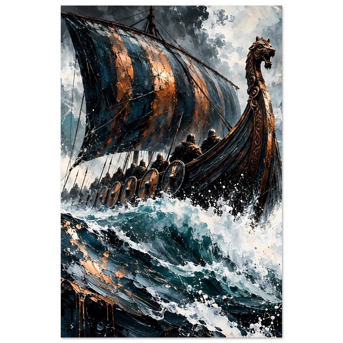 Wikinger-Longship Poster: Langschiff mit Segel, Kriegern und stürmischen Wellen in Blau und Bronze
