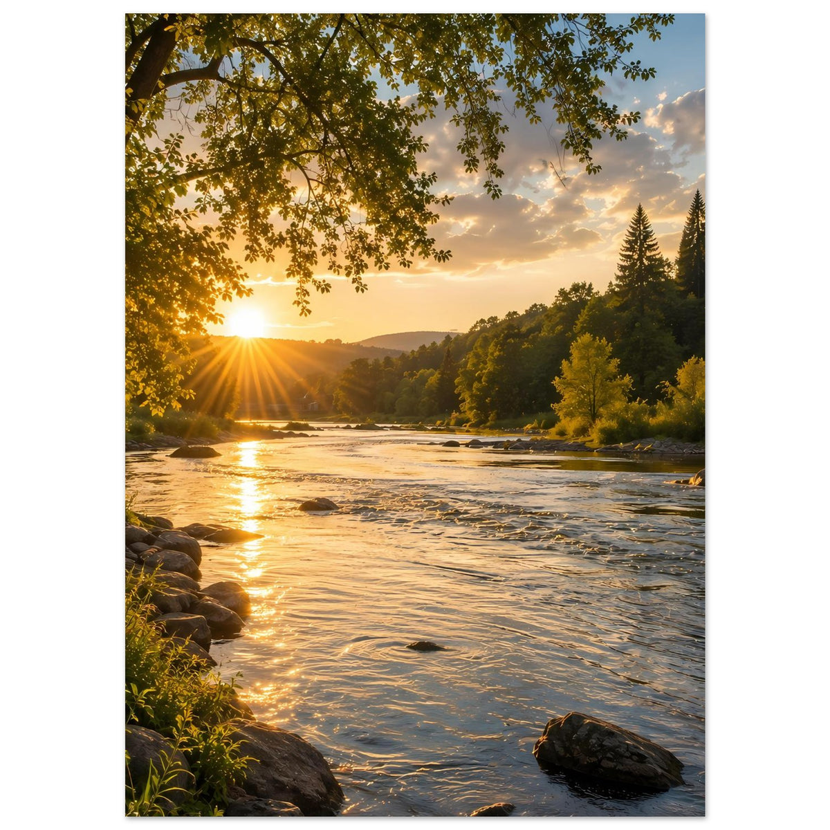 Naturposter Hochformat mit Fluss und goldenen Spiegelungen, Steine am Ufer und Wald