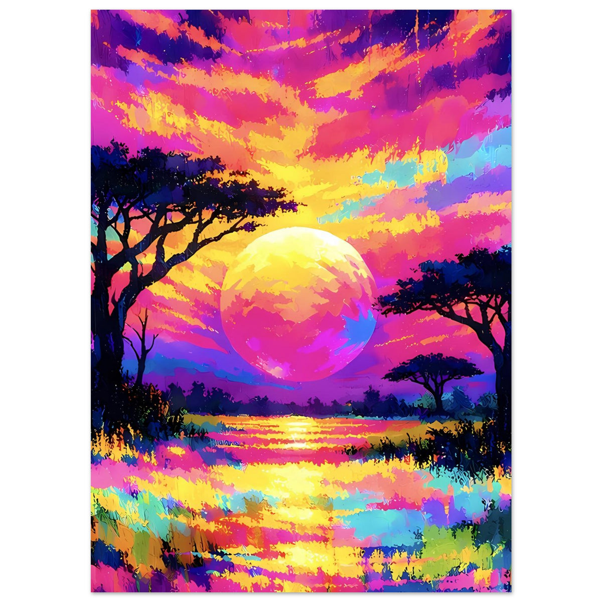 Neon-Landschafts-Poster im Hochformat mit großer Sonne, Bäumen und leuchtendem Horizont