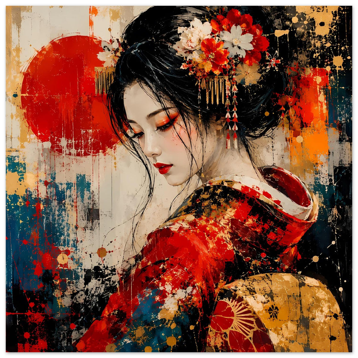 Japanisches Geisha-Poster: Frau im roten Kimono mit Blumen im Haar und Fächer